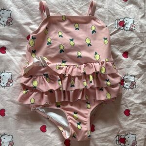 Pink Lemon Print Kids Swimsuit